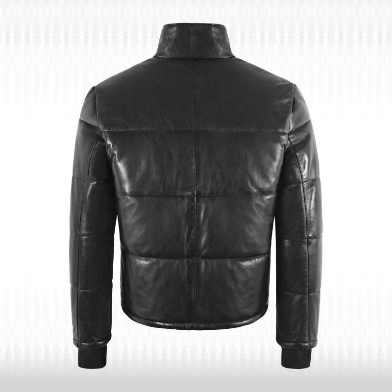 Black Real Leather Puffer Jacket - Short Padded Winter Jacket