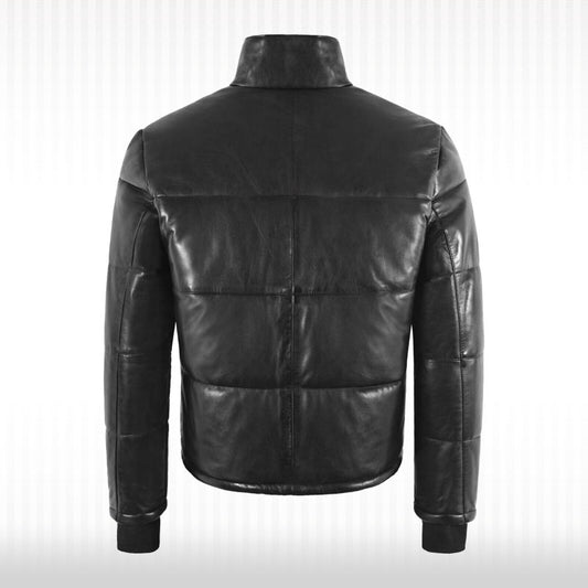 Black Real Leather Puffer Jacket - Short Padded Winter Jacket