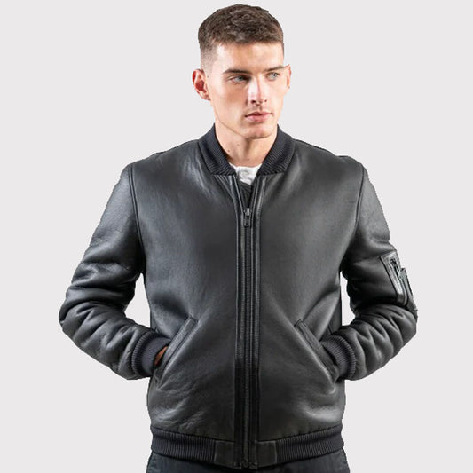 Black Sheepskin Bomber Jacket for Men