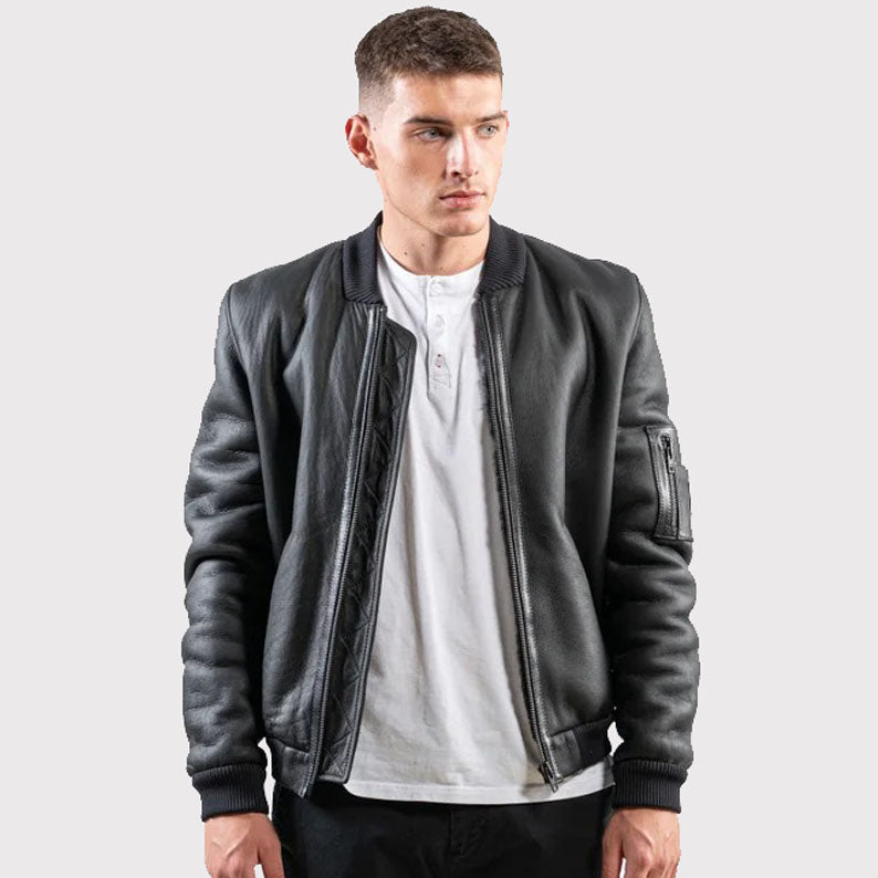 Black Sheepskin Bomber Jacket for Men