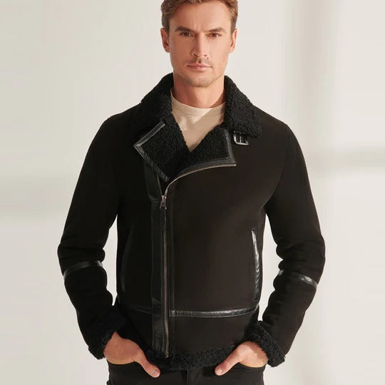 Black Sheepskin Shearling Aviator Jacket