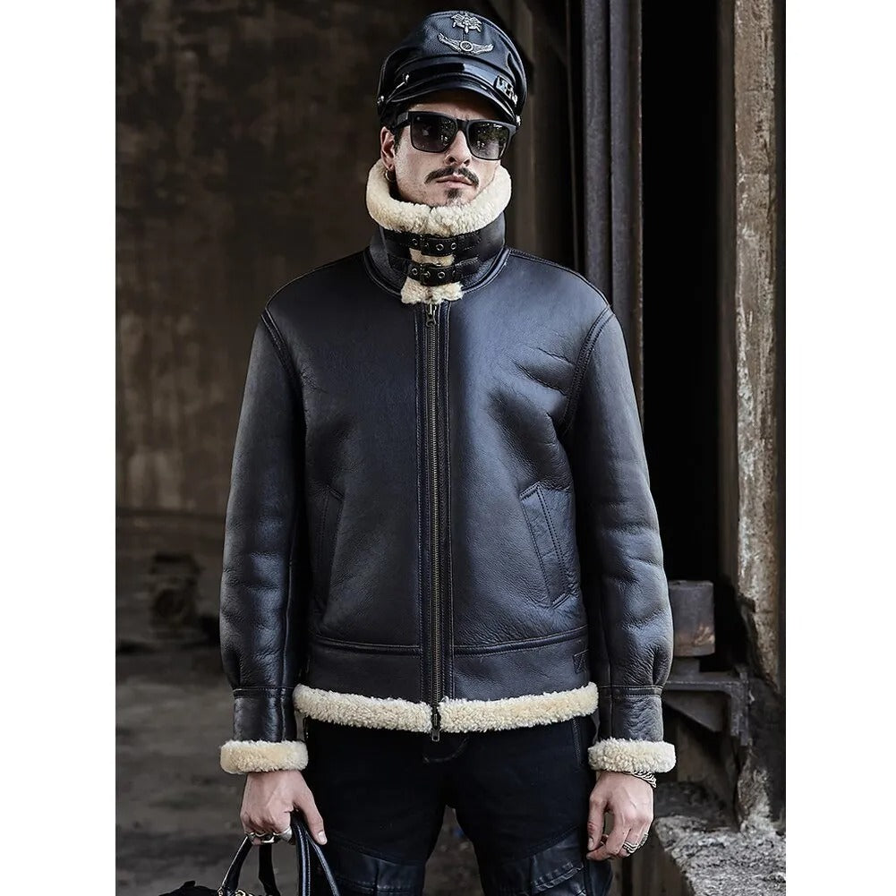 Black Sheepskin Shearling Jacket - B3 Airforce Flight Coat