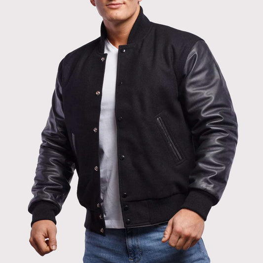 Classic Black Wool Body & Leather Sleeves Letterman Jacket Stylish Black Wool & Leather Letterman Jacket