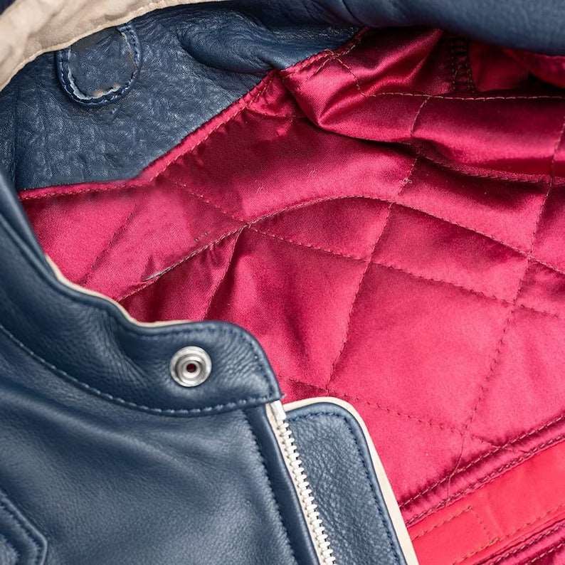 Blue Motorcycle Leather Jacket for Men - Gold Top