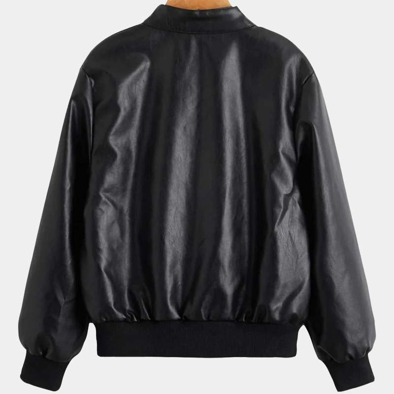 Toddler Boy Black Real Lambskin Leather Bomber Jacket With Slant Pocket Design And Satin Lining
