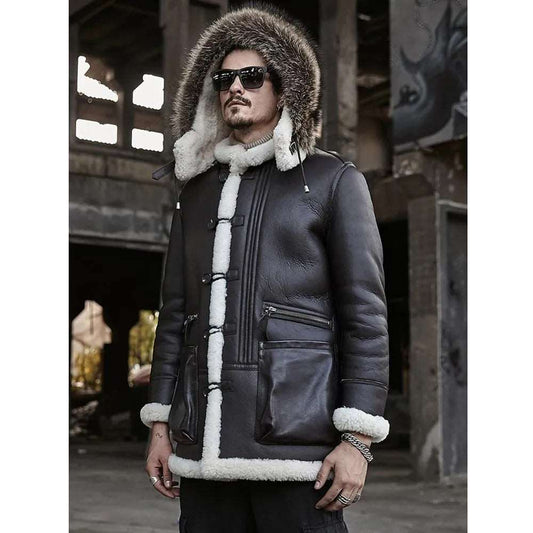 Brown B3 Shearling Bomber Jacket - Hooded Leather Coat