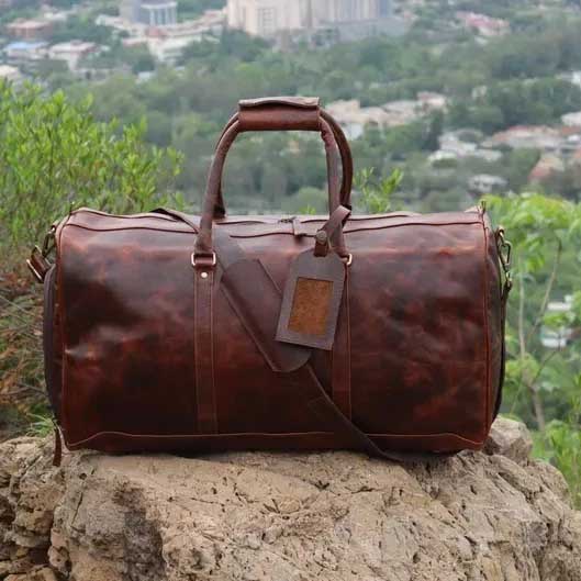 Brown Cowhide Leather Weekender Duffel Bag with Adjustable Shoulder Strap