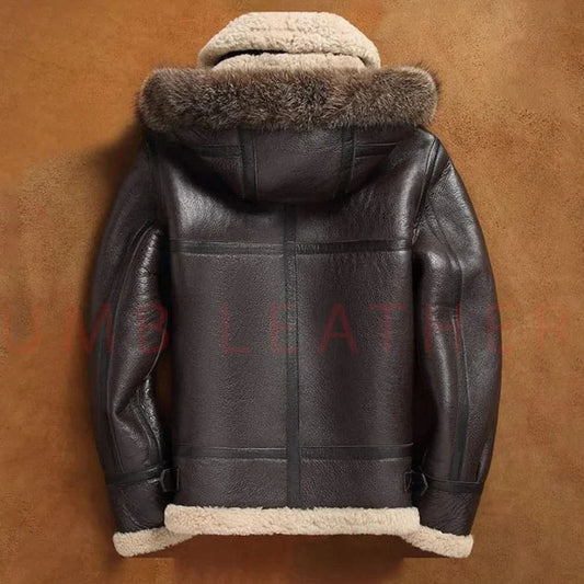 Brown Fur Collar Shearling Bomber Jacket