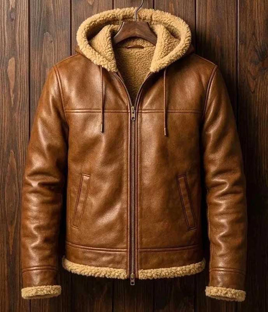 Brown RAF Aviator Genuine Leather Bomber Jacket with Faux Shearling Lining