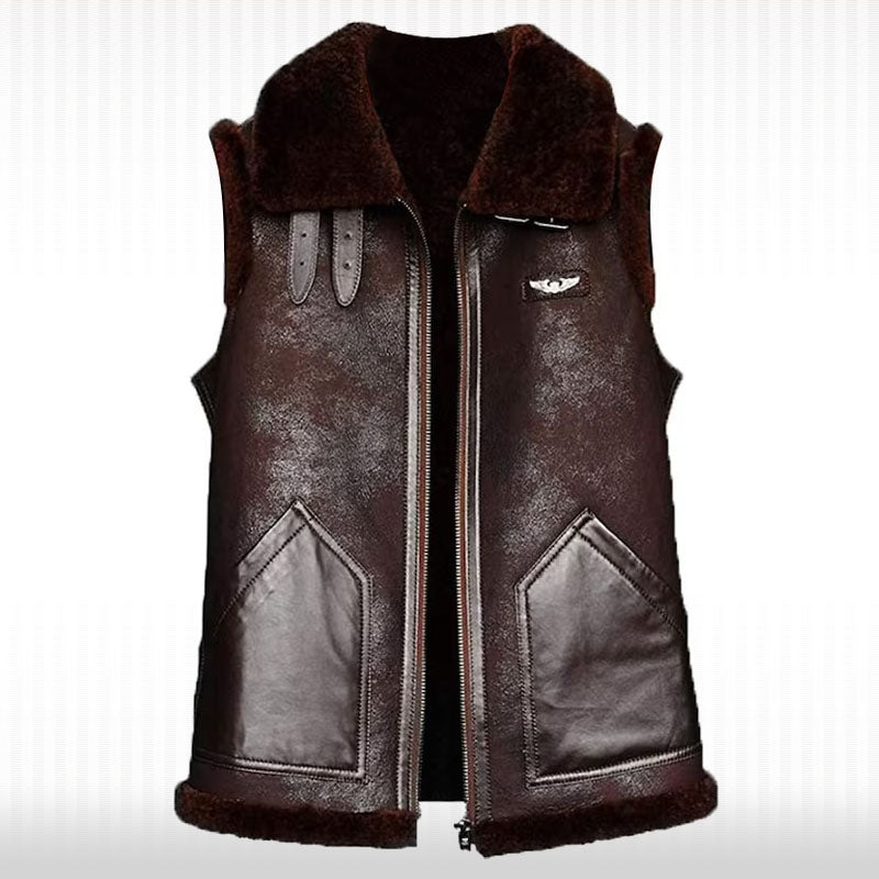 Brown Sheepskin Shearling Vest - Men's Bomber Style Vest