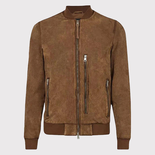 Brown Suede Real Leather Men's Bomber Jacket Classic Brown Suede Men's Leather Bomber Jacket