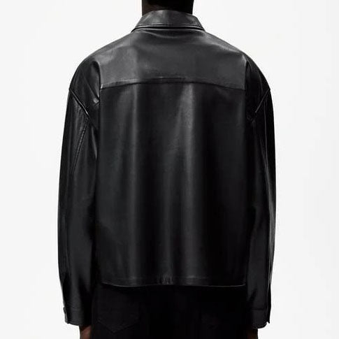 Men's Black Button-Up Leather Overshirt
