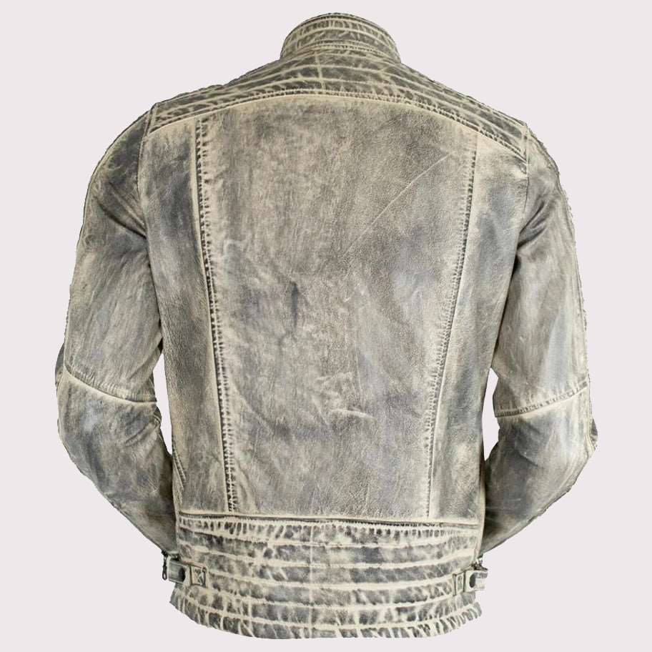 Cafe Racer Distressed White Cowhide Leather Jacket for Men