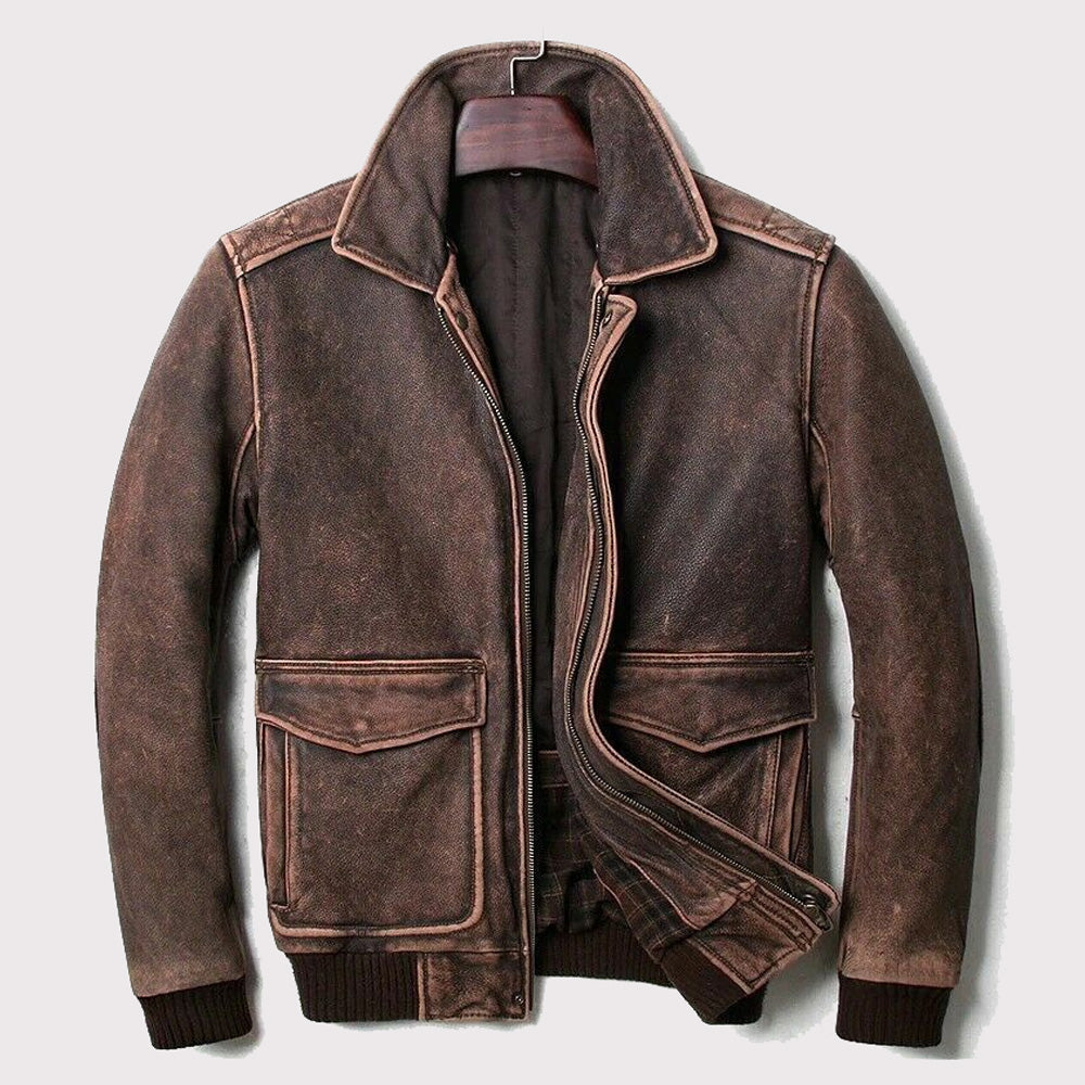 Distressed Brown Leather Cafe Racer Jacket