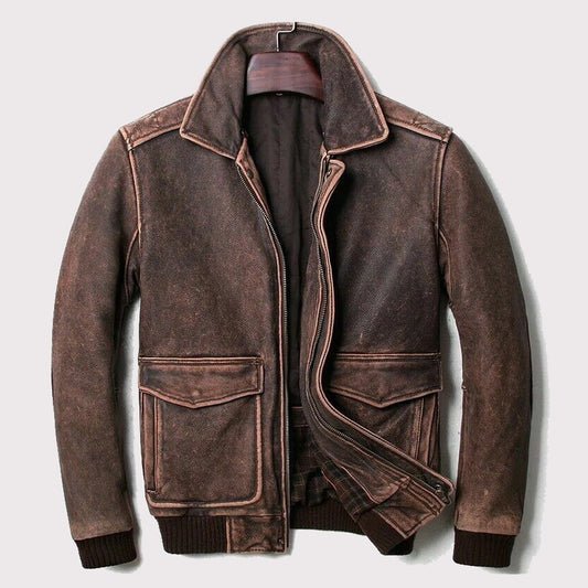 Distressed Brown Leather Cafe Racer Jacket
