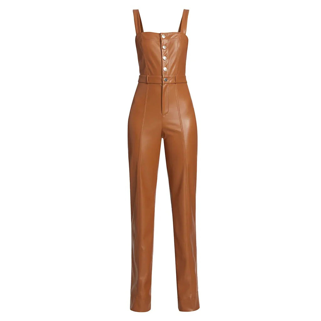 Camel Brown Buttoned Front Women Vegan Leather Jumpsuit - Classic and Sustainable