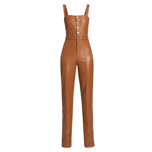 Camel Brown Buttoned Front Women Vegan Leather Jumpsuit - Classic and Sustainable Camel Brown Buttoned Front Women Vegan Leather Jumpsuit - Classic and Sustainable