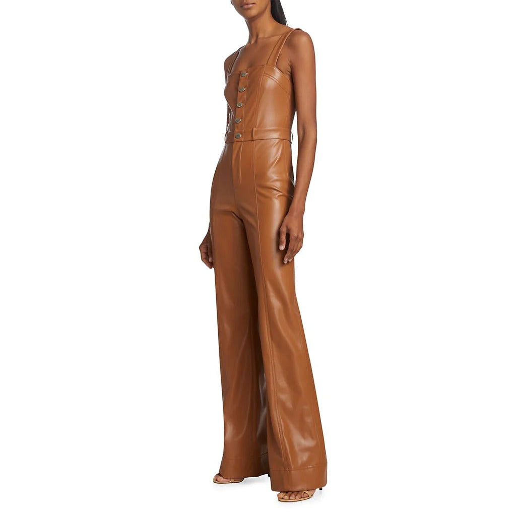 Camel Brown Buttoned Front Women Vegan Leather Jumpsuit - Classic and Sustainable