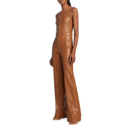 Camel Brown Buttoned Front Women Vegan Leather Jumpsuit - Classic and Sustainable