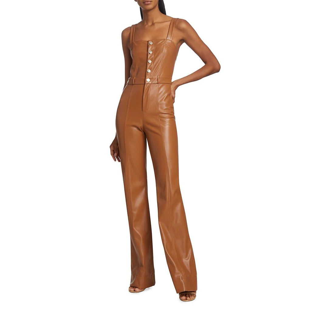 Camel Brown Buttoned Front Women Vegan Leather Jumpsuit - Classic and Sustainable