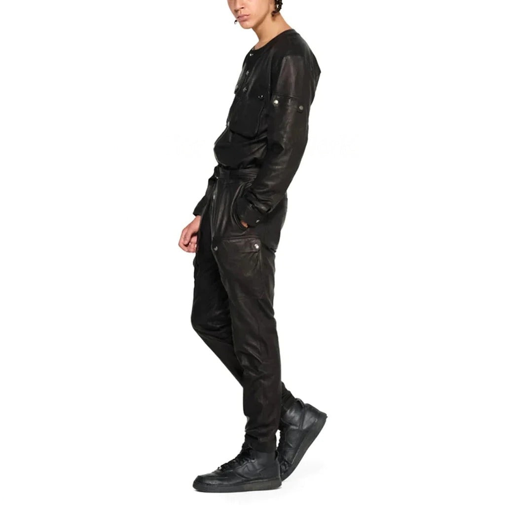 Chic Black Cargo Style Men Leather Jumpsuit - Trendy and Functional