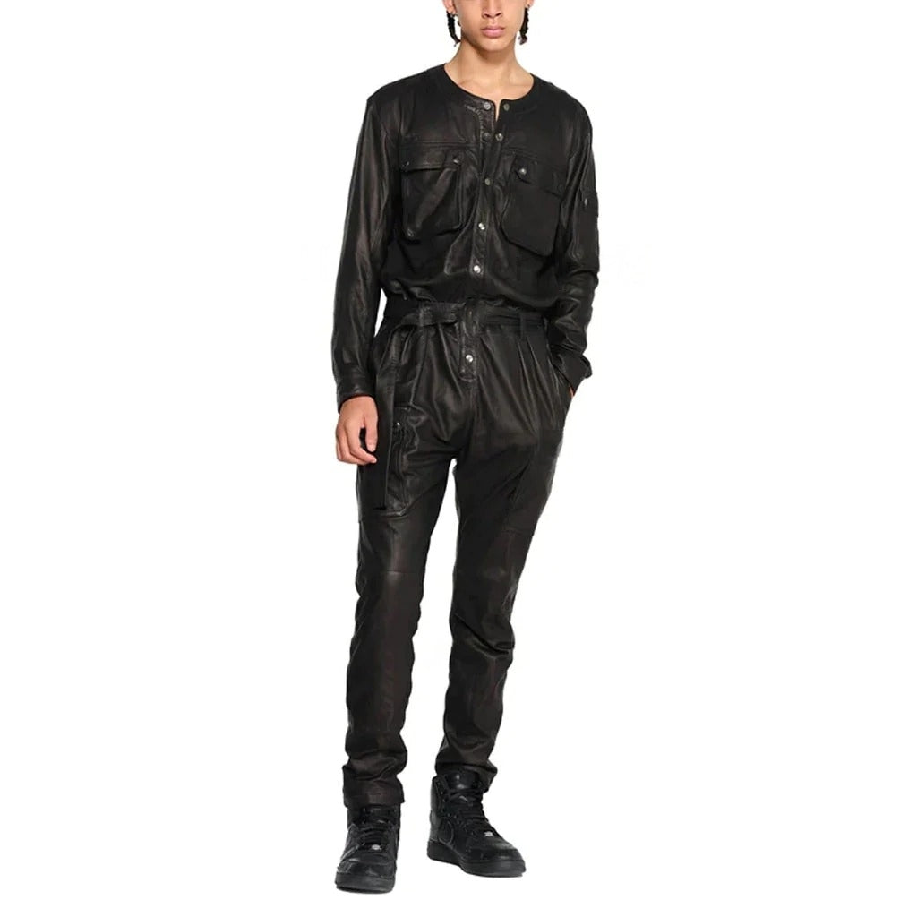 Chic Black Cargo Style Men Leather Jumpsuit - Trendy and Functional