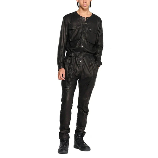 Chic Black Cargo Style Men Leather Jumpsuit - Trendy and Functional