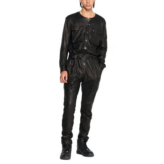 Chic Black Cargo Style Men Leather Jumpsuit - Trendy and Functional Chic Black Cargo Style Men Leather Jumpsuit - Trendy and Functional