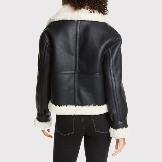 Chic Women's Black Faux Leather Shearling Jacket