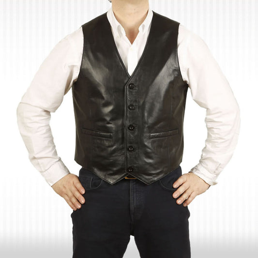 Stylish Noir Leather Waistcoat classic black leather waistcoat