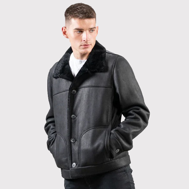 Men's Classic Black Sheepskin Jacket - Sheepskin Coat