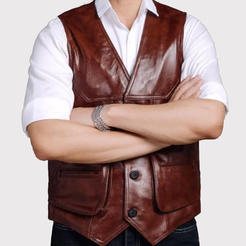 Men's Brown Leather Riding Vest - 100% Genuine Leather!