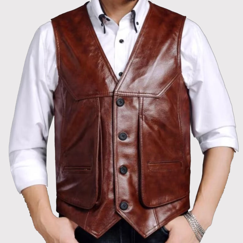 Men's Brown Leather Riding Vest - 100% Genuine Leather!