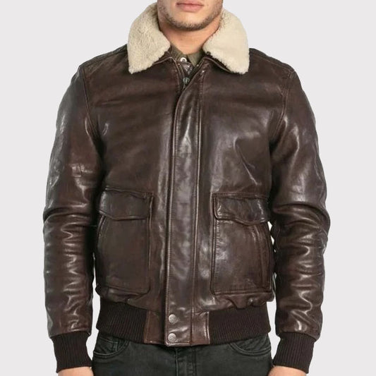 Classic Brown Sheepskin Leather Aviator Bomber Jacket