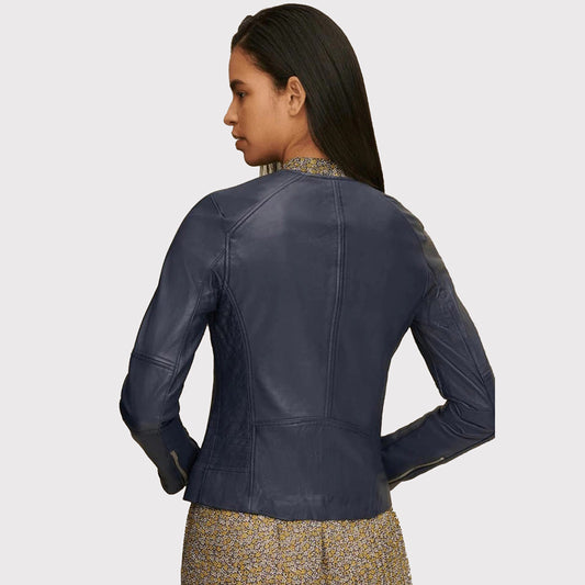 Classic Women's Blue Leather Jacket Crew Neck