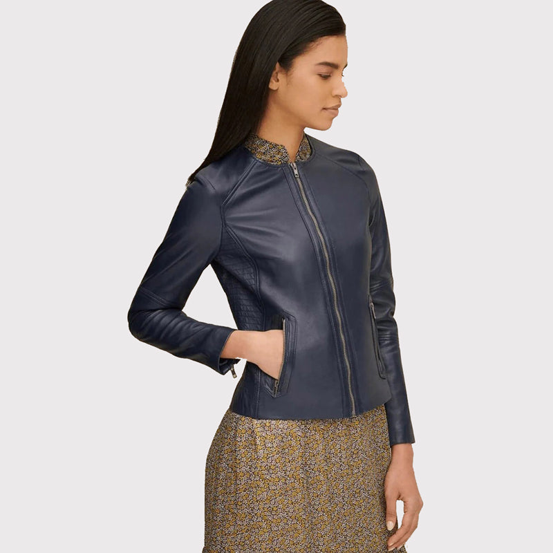 Classic Women's Blue Leather Jacket Crew Neck
