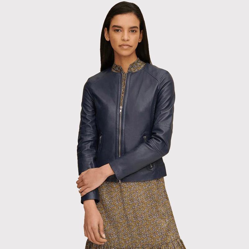 Classic Women's Blue Leather Jacket Crew Neck