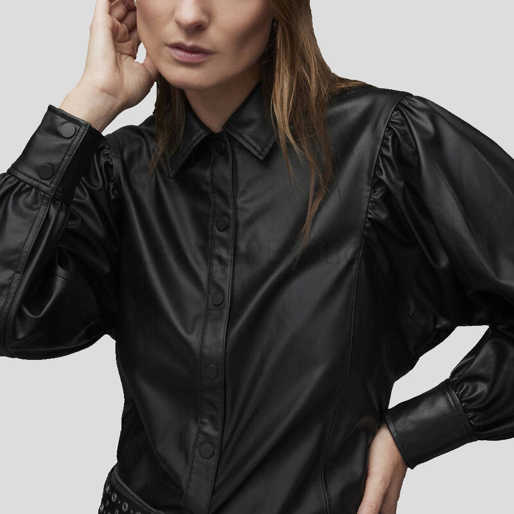 Classy Black Balloon Sleeve Leather Shirt for Women