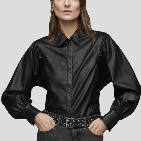 Classy Black Balloon Sleeve Leather Shirt for Women