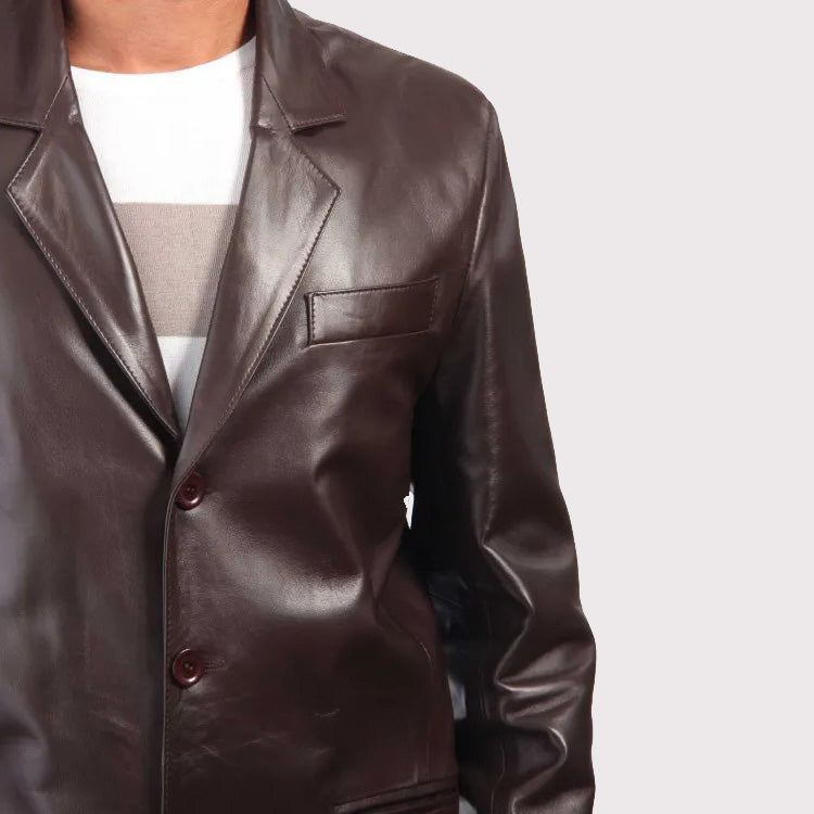 Dark Brown Leather Blazer in Coat Style for Men