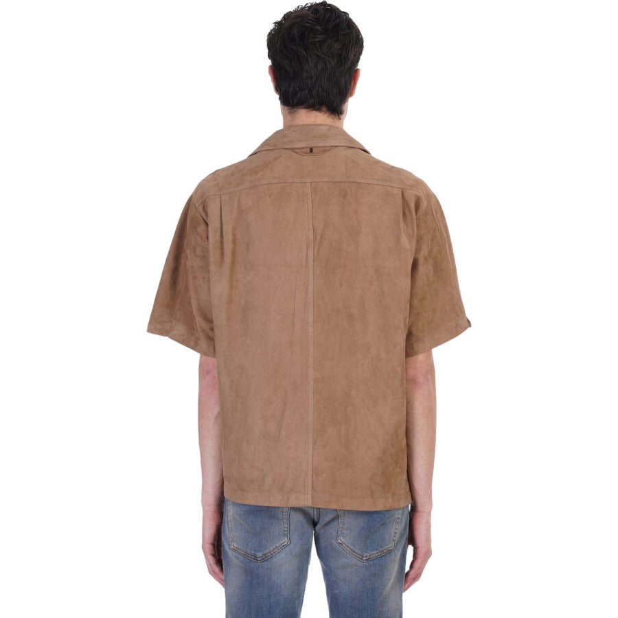 Cream Brown Half Sleeves Suede Leather Shirt Men's