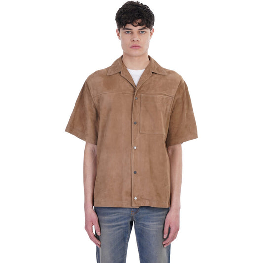Cream Brown Half Sleeves Suede Leather Shirt Men's Cream Brown Half Sleeves Suede Leather Shirt Men's