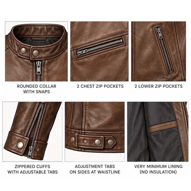 Dark brown cowhide leather jacket with minimal lining and classic cafe racer styling