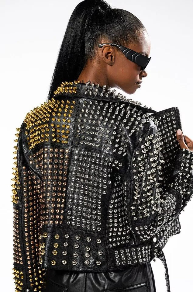 Custom Punk Women's Long Spiked Leather Jacket