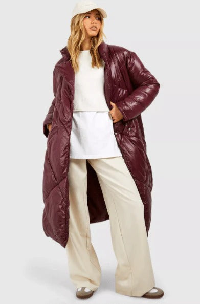 custom womens oversized puffer belted coat in maroon