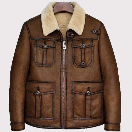 Dark Brown B3 Shearling Bomber Jacket - Men's Pilot Fur Coat