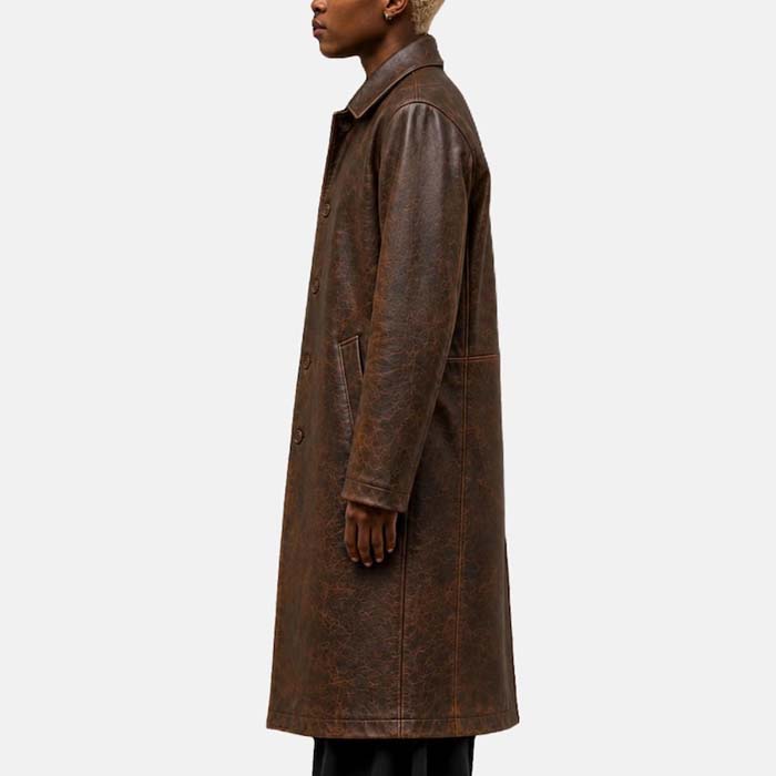 Distressed brown leather 3/4-length coat with button front