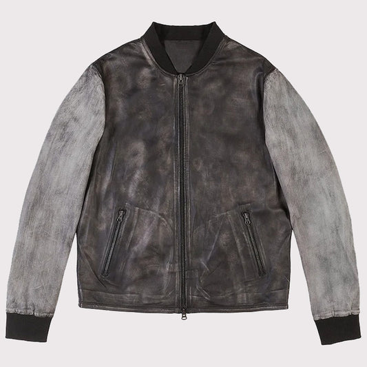 Distressed Varsity Style Leather Baseball Jacket