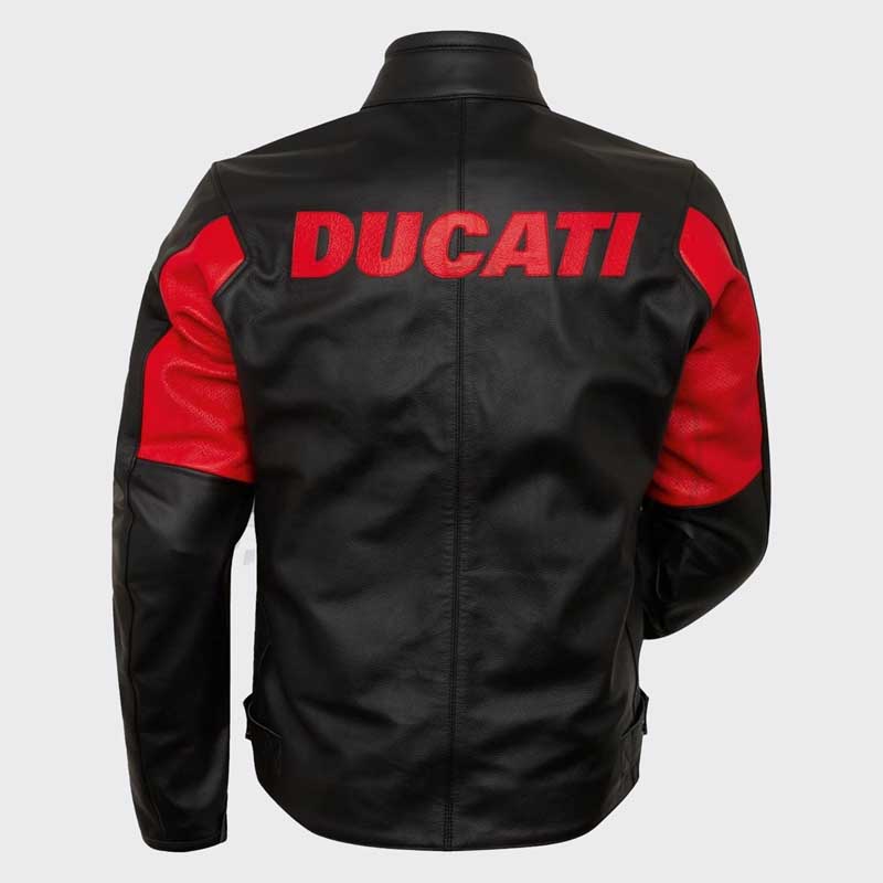 Back view of Ducati Company C4 CE Certified Cowhide Leather Urban Motorcycle Jacket displaying laser cut lettering and signature red Borgo Panigale styling by Jackets Kingdom