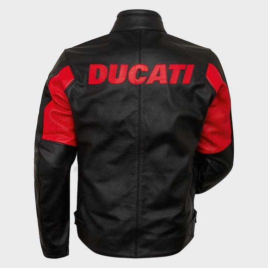 Back view of Ducati Company C4 CE Certified Cowhide Leather Urban Motorcycle Jacket displaying laser cut lettering and signature red Borgo Panigale styling by Jackets Kingdom